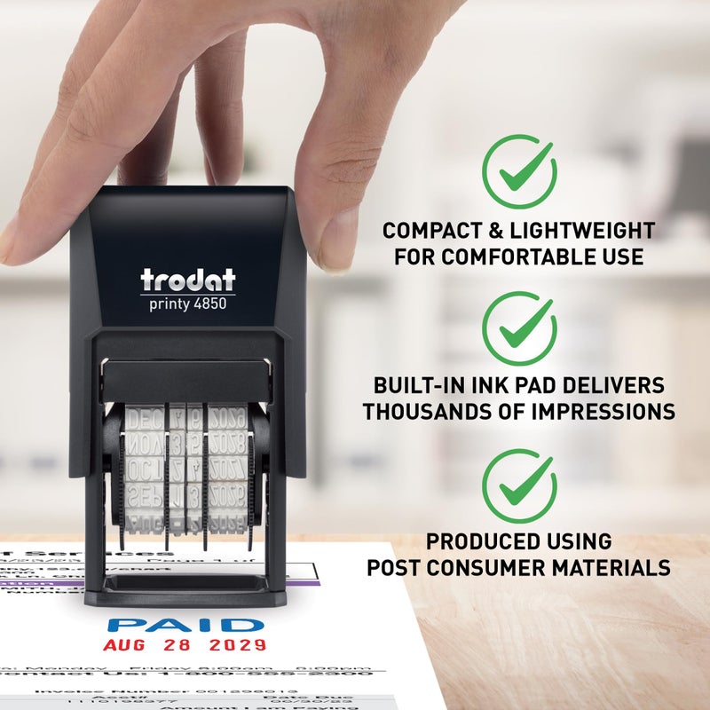 Trodat Printy 4850 Date Stamp - Pocket Sized Self-Inking Stamp with Paid Message - Blue and Red Ink, 3/4"" x 1"" - Image 3
